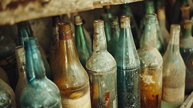 A colorful collection of crushed glass bottles is a striking illustration of efforts to recycle and dispose of waste covered in dust and an aged patina.