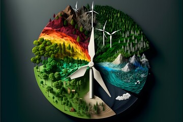 knolling image of Earth, windmills, green trees, rainbow, eco friendly enviroment