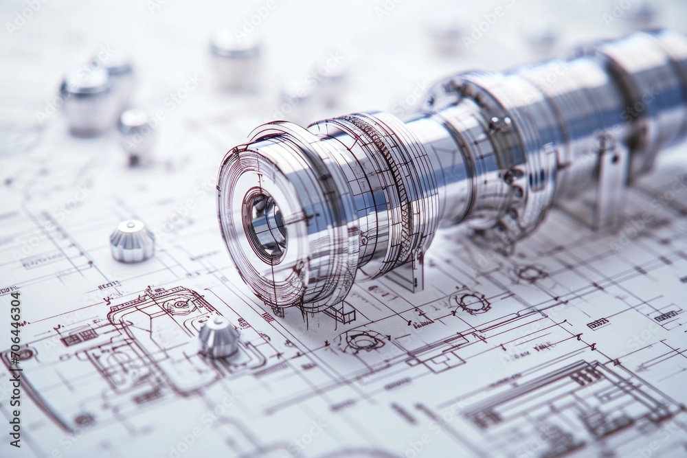 Poster Metal object on a blueprint. Suitable for construction or engineering concepts