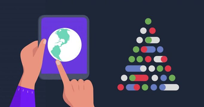 Animation of christmas tree and tablet with globe on black background