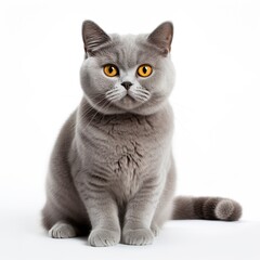 Fototapeta premium Elegant British cat poses on a pristine white background, showcasing its regal charm and fluffy fur, a domestic feline companion exuding both style and playfulness.