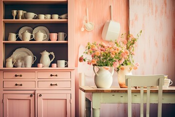 Step into a cozy rustic kitchen, bathed in the inviting warmth of peach fuzz color, creating a homely ambiance with vintage charm and trendy aesthetics