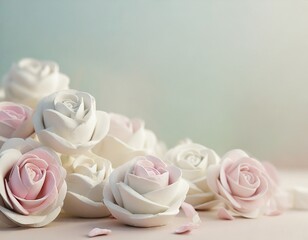 Pastel watercolour background with pile pink and white marshmallow roses and copyspace. 