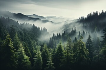 The tranquility of a fog-kissed fir forest, where mist wraps the trees in a soft embrace, crafting a mesmerizing and picturesque mountain vista. - obrazy, fototapety, plakaty