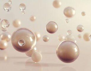 Pastel beige and golden watercolour background with shiny pearly glass balls and bubbles. 