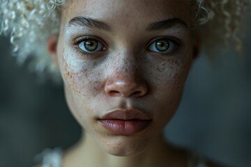 In this captivating portrait, the stunning albino African American woman exudes a unique beauty, celebrating diversity with her melanin-rich charm. Her individuality shines through - obrazy, fototapety, plakaty