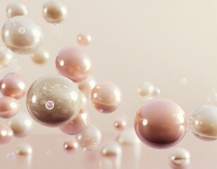 Pastel pink and golden background with shiny pearly glass balls and bubbles. 