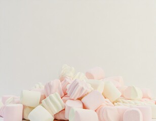Pastel watercolour background with pile of colorful gummy marshmallow candies