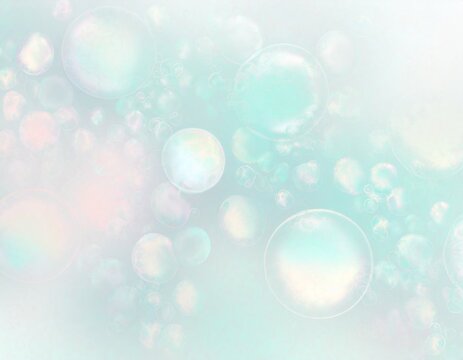 Palexpastel watercolour liquid with shiny pearly blue round bubble balls as background. 