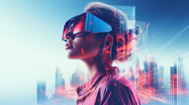 Double exposure image of a woman and modern city, copy space, copy space vaporwave, made of shiny rubber, virtual reality, Grey blue background, future AI abstract