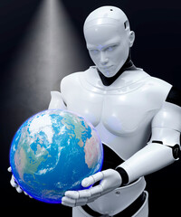 Conceptual AI robot technology holding the planet earth caring and protecting it 3d render