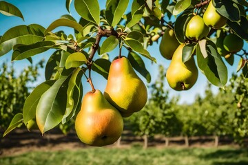 Pear tree with ripe pears outside on sunny day in an orchard
