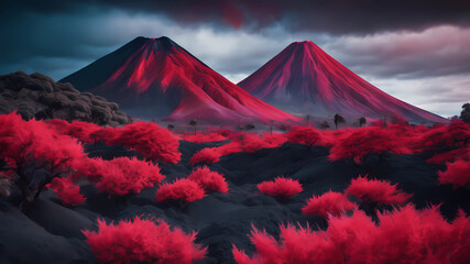 landscape shot of volcano garden and trees, captured using infrared photography, 8K resolution...