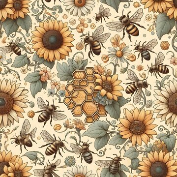 pattern with bees and sunflower and bumble bee