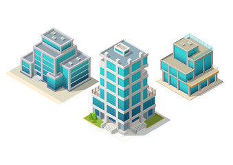 Set of isometric modern office building.