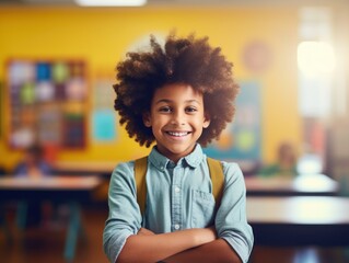 smiling elementary school student standing in classroom with arms crossed.