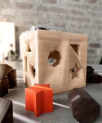 Childs shape puzzle with blocks scattered around waiting to be solved concept 3d render