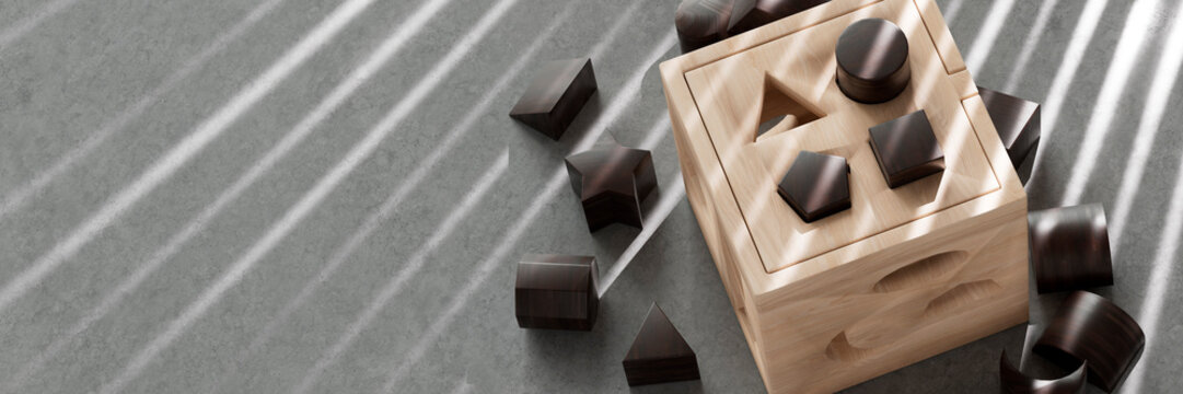 Childs shape puzzle with blocks scattered around waiting to be solved concept 3d render