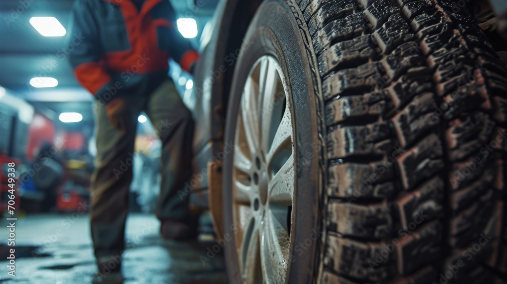 Poster a man standing next to a tire in a garage. suitable for automotive and maintenance themes
