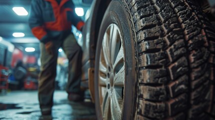 A man standing next to a tire in a garage. Suitable for automotive and maintenance themes