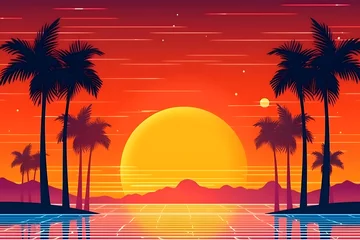 Foto auf Glas Retro wave city background. Neon night landscape with a futuristic city in the style and aesthetics of the 80s and 90s. Synthwave, cyberpunk. Neural network AI generated art © mehaniq41