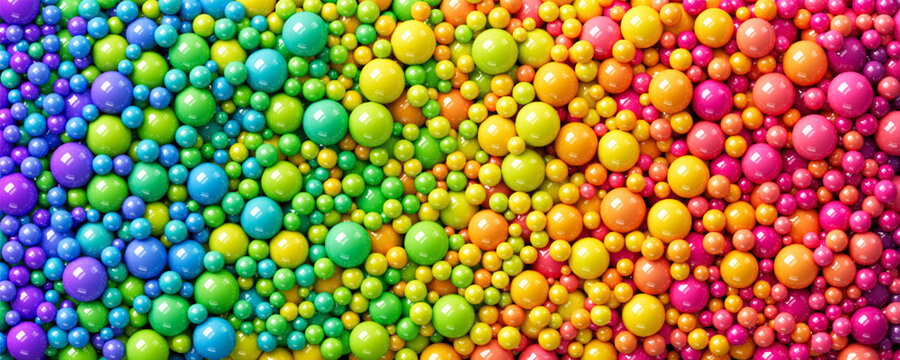 Many rainbow glossy gradient random bright balls background. Colorful balls background for kids zone or children's playroom. Huge pile of shiny colorful balls in different sizes. Vector illustration