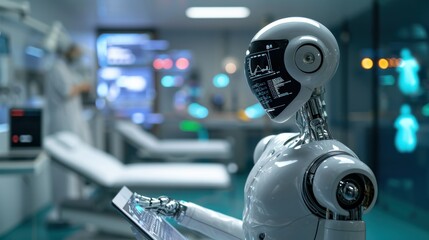 Virtual AI Assistant, digital human-like avatar with tablet or screen. Artificial intelligence emerging role in patient interaction and telemedicine. Accessible, AI-enhanced healthcare services