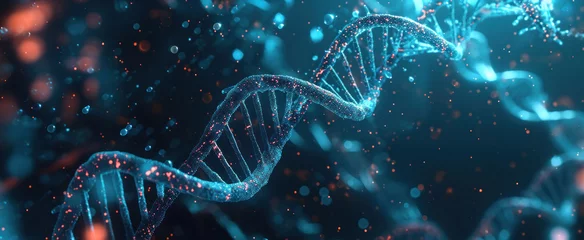 Fotobehang Artificial intelligence AI in Healthcare. DNA double helix intertwined with digital AI elements, highlighting the role of AI in genetic research and personalized medicine © irissca