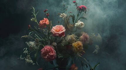 Fototapeta na wymiar Dramatic Floral Display Against Moody Background. Vibrant collection of flowers bursts with color in contrast to the moody, misty backdrop, creating a sense of drama and natural beauty.
