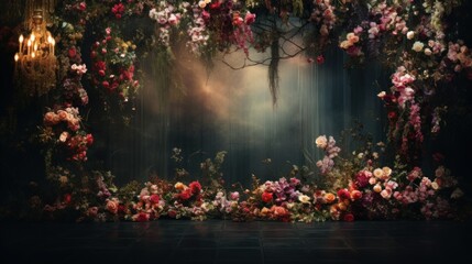 Fototapeta na wymiar Enchanted Flower Archway in Mystical Setting. An ethereal archway adorned with a lush array of flowers, creating a magical atmosphere that could inspire settings for events or fantasy scenes.