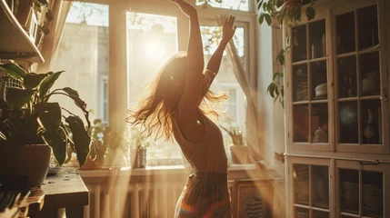 Poster Hobby-Based Movement for Physical and Mental Health. Dance for mental health benefits, outlet for emotions. Young woman joyfully dancing alone at home. © irissca