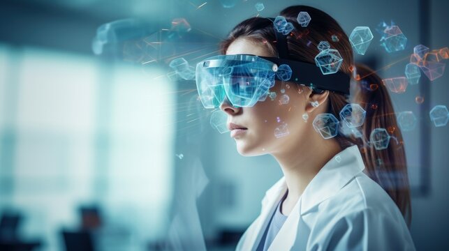 Artificial intelligence in Healthcare. Virtual reality glasses, AI role in medical training and simulation. Immersive learning and AI-assisted training