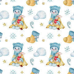 Adorable snowman in a winter outfit holding a toy, surrounded by boots, candy canes, snowflakes, and stars. Watercolor seamless pattern.