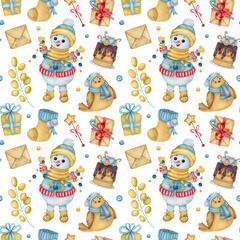 Watercolor Christmas seamless pattern with snowman, gift box, bird, sock, cake, garland and berry. Traditional new year decoration with cute winter elements.