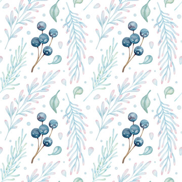 Watercolor seamless pattern with blueberries, branches and leaves. Cute botanical winter background.