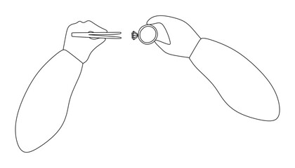 Line art drawing of Jeweler hands with Tweezers and Diamond rings. Hand Drawn Vector Linear illustration isolated on white. Jewelry making concept in Trendy technique for Card, Poster, Placard