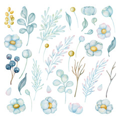 Watercolor botanical set with flowers, leaves, berries and brunches. Floral illustration clipart for wedding stationary, wallpapers, fashion, greetings and other.