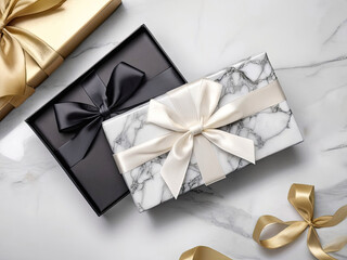 Gold, black and marble gifts on a stone background
