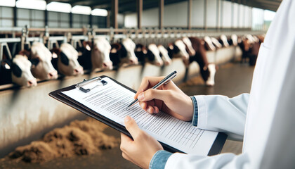 A farm vet carries out an inspection on the cattle making sure they are in good health. - obrazy, fototapety, plakaty