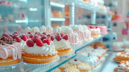 interior cafe shot, Showcase in a candy store. Glass stand with cake eclairs and tartlets. refrigerator shelves with sweets. Sweet pastries with berries. Pastel tones