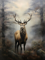 Naklejka premium An Elk Is Standing On A Fog, A Deer With Large Antlers Standing In A Forest