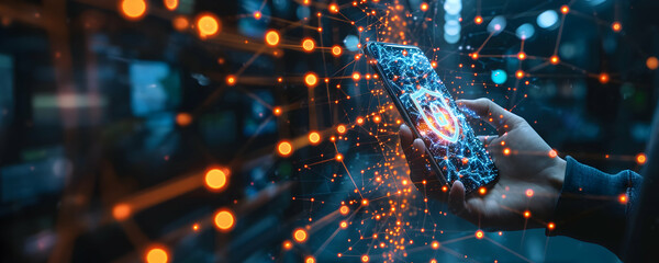 Cyber security concept - hand holds phone with lock icon on the screen, neural network, bokeh background