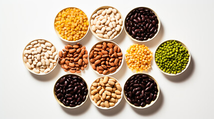 Various colorful legumes and cereals in black bowls background.
