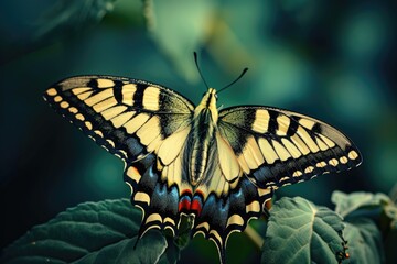 A beautiful yellow and black butterfly perched on a leaf. Suitable for nature-themed designs and educational materials