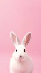 Obraz premium White rabbit on pastel pink background with copy space. Easter, holiday, animals, spring concepts.