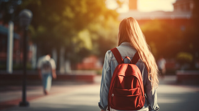 Back of student girl carry school bag while walking in school campus background