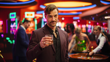 Handsome Young Man with a Moustache Standing in a Glamorous Atmosphere of a Casino, Looking at...