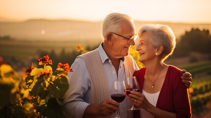 Elderly pair holding wine glasses set against the backdrop of a vineyard