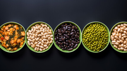 Obraz na płótnie Canvas Various colorful legumes and cereals in black bowls background. 