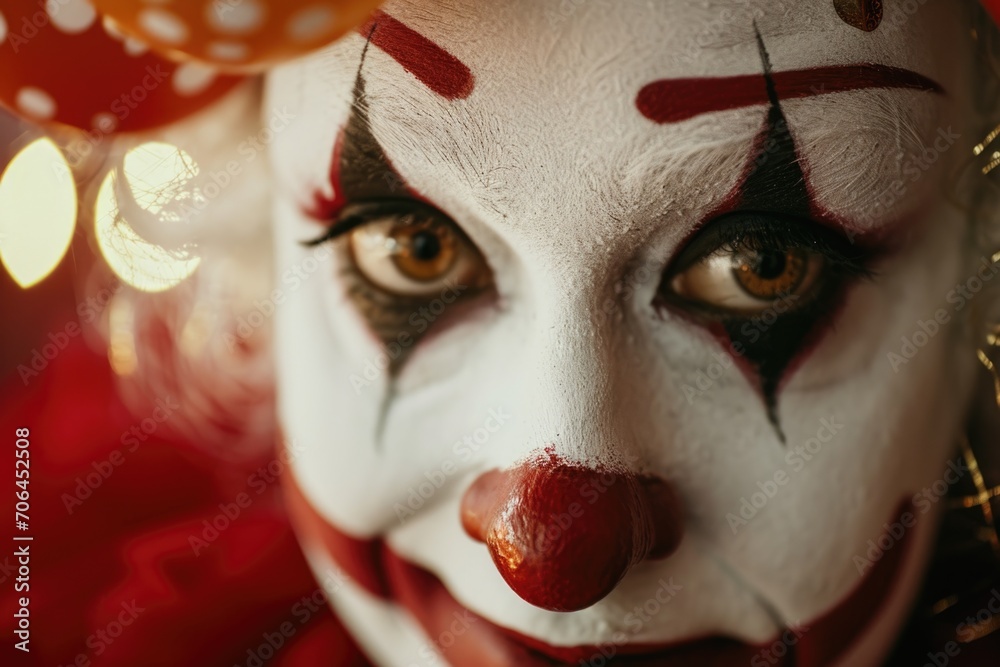 Poster close up of a clown's face with colorful lights in the background. perfect for circus-themed designs
